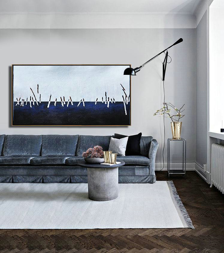 Large Abstract Art,Hand Painted Panoramic Abstract Painting,Colorful Wall Art,White,Grey,Dark Blue,Black.etc